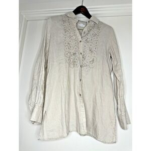 Wom‎ LG CHARTER CLUB Linen Blouse Chambray Floral 3D Embroidery Lagenlook Gauzy
